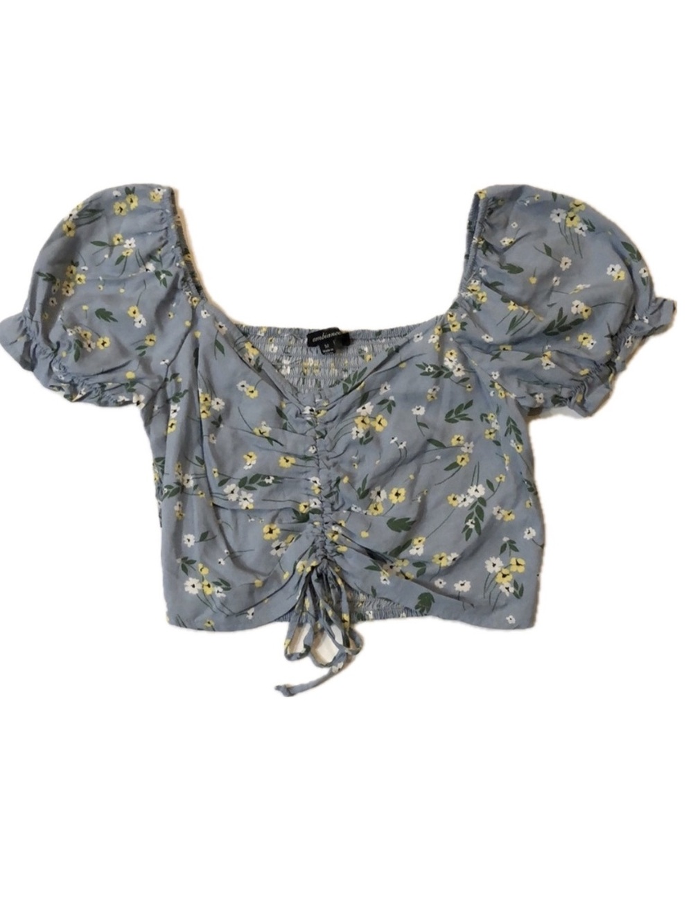 Blue Floral Crop Top with Ruched Front